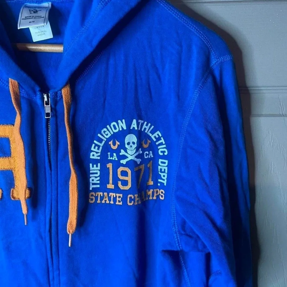 True Religion Mens Blue Zip Up Hoodie Size M Athletic Dept Skull Graphic Y2K